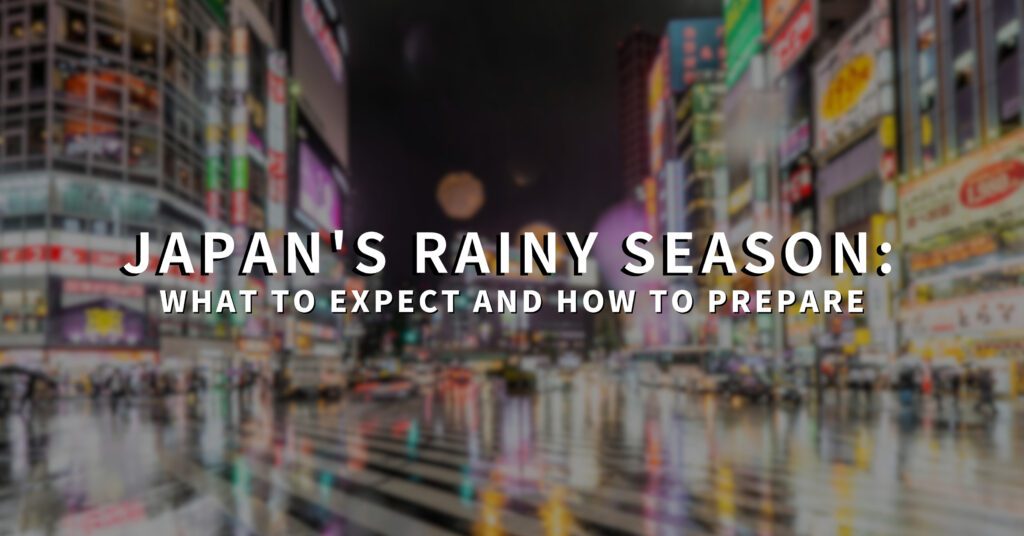 Blurry view of Shibuya crossing in the rain with overlay text about Japan's rainy season